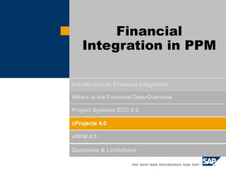 Introduction to Financial Integration
Where is the Financial Data-Overview
Project Systems ECC 6.0
cProjects 4.0
xRPM 4.0
Questions & Limitations
Financial
Integration in PPM
 