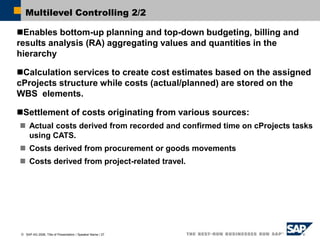 SAP AG 2006, Title of Presentation / Speaker Name / 27
Multilevel Controlling 2/2
Enables bottom-up planning and top-down budgeting, billing and
results analysis (RA) aggregating values and quantities in the
hierarchy
Calculation services to create cost estimates based on the assigned
cProjects structure while costs (actual/planned) are stored on the
WBS elements.
Settlement of costs originating from various sources:
 Actual costs derived from recorded and confirmed time on cProjects tasks
using CATS.
 Costs derived from procurement or goods movements
 Costs derived from project-related travel.
 