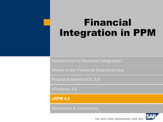 Introduction to Financial Integration
Where is the Financial Data-Overview
Project Systems ECC 6.0
cProjects 4.0
xRPM 4.0
Questions & Limitations
Financial
Integration in PPM
 