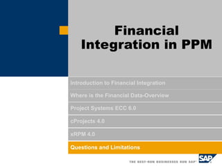 Introduction to Financial Integration
Where is the Financial Data-Overview
Project Systems ECC 6.0
cProjects 4.0
xRPM 4.0
Questions and Limitations
Financial
Integration in PPM
 