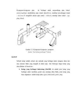 Komponen-komponen pipa ini berfungsi untuk menyambung pipa (misal,
union,coupling), membelokan pipa (misal :siku/elbow), membuat percabangan (misal
: tee,cross,Y) mengubah ukuran pipa (misal : reducer), menutup aliran (misal : cap,
plug, blind).
Gambar 2.1 Komponen-komponen pemipaan
(Sumber : Pipe Drafting And Design 2nd
Edition)
KATUP
Sebuah katup adalah sebuak alat mekanik yang berfungsi untuk mengatur aliran dan
atau tekanan fluida yang mengalir di dalam pipa. Ada beberapa fungsi katup yang
akan dibahas di bawah ini :
 Katup yang berfungsi buka-tutup (On-Off), ini adalah jenis katup yang
berfungsi untuk membuka penuh atau menutup aliran fluida, jenis katup yang
biasa digunakan adalah katup pintu (gate), bola (ball), globe, plug.
 
