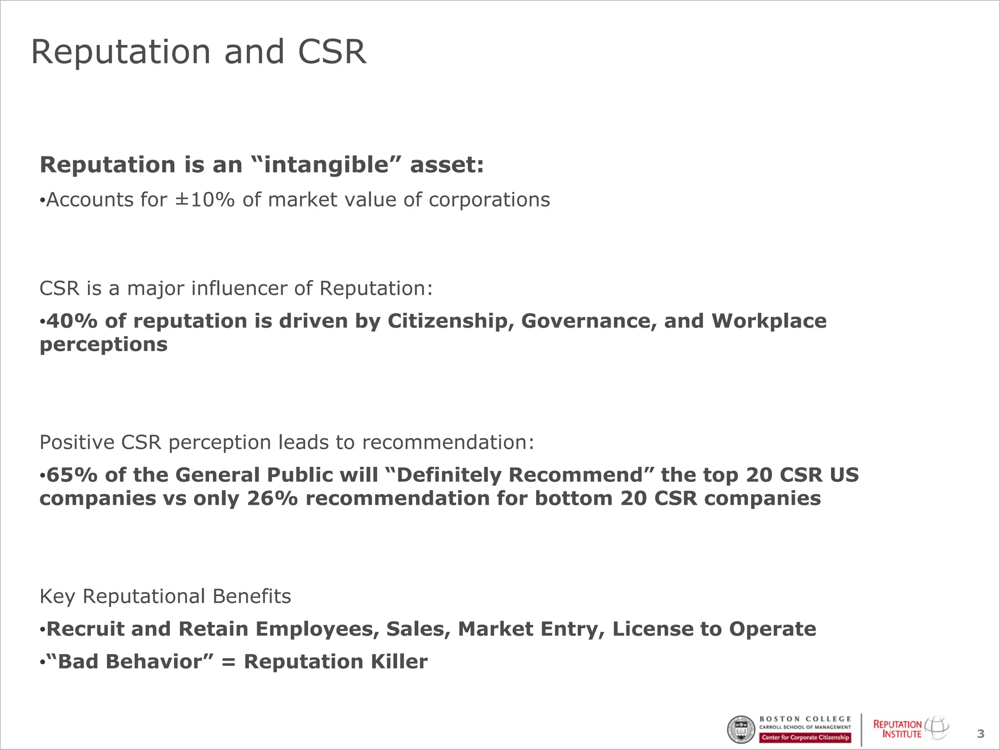 Reputation and CSR


Reputation is an “intangible” asset:
•Accounts for ±10% of market value of corporations



CSR is a major influencer of Reputation:
•40% of reputation is driven by Citizenship, Governance, and Workplace
perceptions




Positive CSR perception leads to recommendation:
•65% of the General Public will “Definitely Recommend” the top 20 CSR US
companies vs only 26% recommendation for bottom 20 CSR companies




Key Reputational Benefits
•Recruit and Retain Employees, Sales, Market Entry, License to Operate
•“Bad Behavior” = Reputation Killer


                                                                           3
 