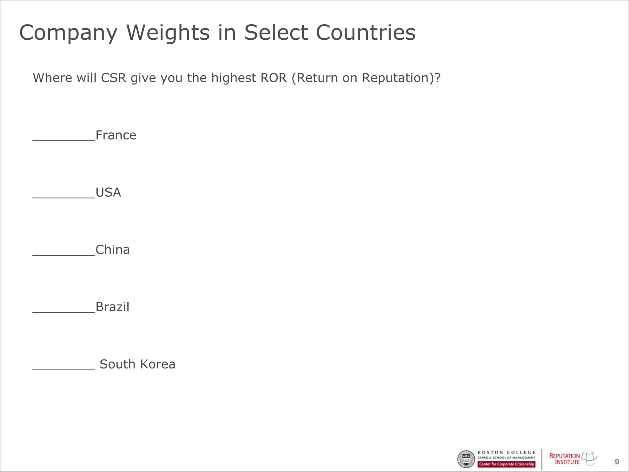 Company Weights in Select Countries

 Where will CSR give you the highest ROR (Return on Reputation)?



 ________France



 ________USA



 ________China



 ________Brazil



 ________ South Korea




                                                                   9
 