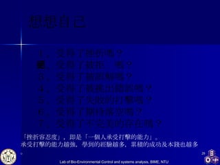 想想自己 １、受得了挫折嗎？ ２、受得了被拒絕嗎？ ３、受得了被誤解嗎？ ４、受得了被挑出錯誤嗎？ ５、受得了失敗的打擊嗎？ ６、受得了期待落空嗎？ ７、受得了不完美的存在嗎？  「挫折容忍度」，即是「一個人承受打擊的能力」。 承受打擊的能力越強，學到的經驗越多，累積的成功及本錢也越多。 