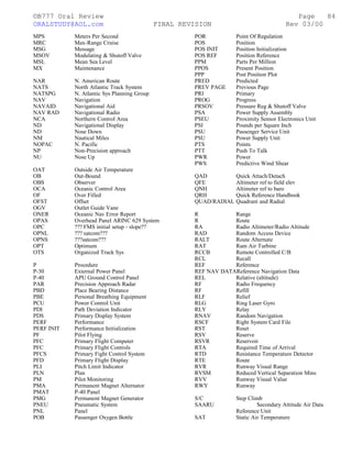 ©B777 Oral Review Page
ORALSTUDY@AOL.com FINAL REVISION Rev 03/00
MPS Meters Per Second
MRC Max-Range Cruise
MSG Message
MSOV Modulating & Shutoff Valve
MSL Mean Sea Level
MX Maintenance
NAR N. American Route
NATS North Atlantic Track System
NATSPG N. Atlantic Sys Planning Group
NAV Navigation
NAVAID Navigational Aid
NAV RAD Navigational Radio
NCA Northern Control Area
ND Navigational Display
ND Nose Down
NM Nautical Miles
NOPAC N. Pacific
NP Non-Precision approach
NU Nose Up
OAT Outside Air Temperature
OB Out-Bound
OBS Observer
OCA Oceanic Control Area
OF Over Filled
OFST Offset
OGV Outlet Guide Vane
ONER Oceanic Nav Error Report
OPAS Overhead Panel ARINC 629 System
OPC ??? FMS initial setup - slope??
OPNL ??? satcom???
OPNS ???satcom???
OPT Optimum
OTS Organized Track Sys
P Procedure
P-30 External Power Panel
P-40 APU Ground Control Panel
PAR Precision Approach Radar
PBD Place Bearing Distance
PBE Personal Breathing Equipment
PCU Power Control Unit
PDI Path Deviation Indicator
PDS Primary Display System
PERF Performance
PERF INIT Performance Initialization
PF Pilot Flying
PFC Primary Flight Computer
PFC Primary Flight Controls
PFCS Primary Fight Control System
PFD Primary Flight Display
PLI Pitch Limit Indicator
PLN Plan
PM Pilot Monitoring
PMA Permanent Magnet Alternator
PMAT P-40 Panel
PMG Permanent Magnet Generator
PNEU Pneumatic System
PNL Panel
POB Passenger Oxygen Bottle
POR Point Of Regulation
POS Position
POS INIT Position Initialization
POS REF Position Reference
PPM Parts Per Million
PPOS Present Position
PPP Post Position Plot
PRED Predicted
PREV PAGE Previous Page
PRI Primary
PROG Progress
PRSOV Pressure Reg & Shutoff Valve
PSA Power Supply Assembly
PSEU Proximity Sensor Electronics Unit
PSI Pounds per Square Inch
PSU Passenger Service Unit
PSU Power Supply Unit
PTS Points
PTT Push To Talk
PWR Power
PWS Predictive Wind Shear
QAD Quick Attach/Detach
QFE Altimeter ref to field elev
QNH Altimeter ref to baro
QRH Quick Reference Handbook
QUAD/RADIAL Quadrant and Radial
R Range
R Route
RA Radio Altimeter/Radio Altitude
RAD Random Access Device
RALT Route Alternate
RAT Ram Air Turbine
RCCB Remote Controlled C/B
RCL Recall
REF Reference
REF NAV DATAReference Navigation Data
REL Relative (altitude)
RF Radio Frequency
RF Refill
RLF Relief
RLG Ring Laser Gyro
RLY Relay
RNAV Random Navigation
RSCF Right System Card File
RST Reset
RSV Reserve
RSVR Reservoir
RTA Required Time of Arrival
RTD Resistance Temperature Detector
RTE Route
RVR Runway Visual Range
RVSM Reduced Vertical Separation Mins
RVV Runway Visual Value
RWY Runway
S/C Step Climb
SAARU Secondary Attitude Air Data
Reference Unit
SAT Static Air Temperature
84
 