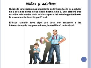 Niños y adultos
Quizás la innovación más importante de Erikson fue la de postular
no 5 estadios como Freud había hecho, sino 8. Erik elaboró tres
estadios adicionales de la adultez a partir del estadio genital hasta
la adolescencia descrito por Freud.
Erikson también tuvo algo que decir con respecto a las
interacciones de las generaciones, lo cual llamó mutualidad.

 