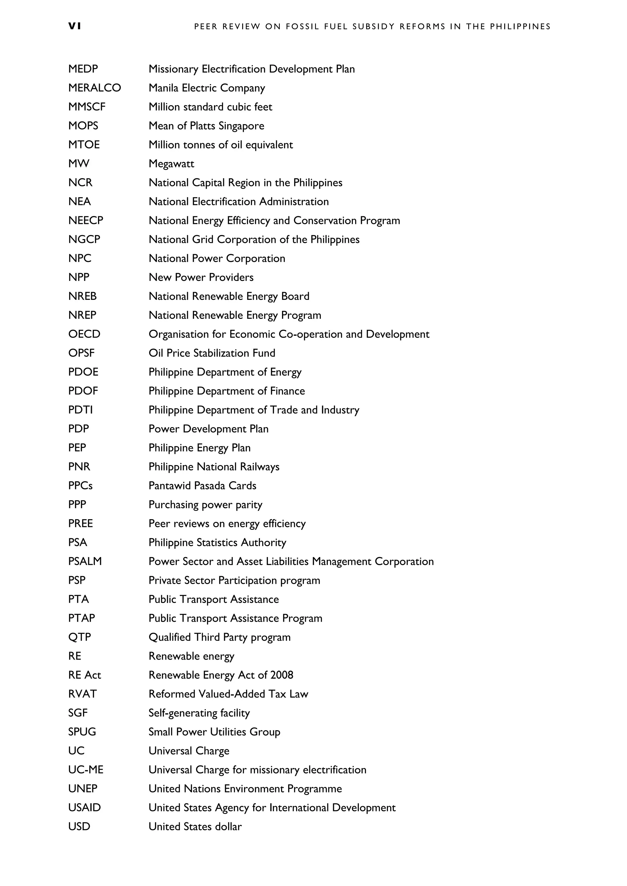 V I P E E R R E V I E W O N F O S S I L F U E L S U B S I D Y R E F O R M S I N T H E P H I L I P P I N E S
MEDP Missionary Electrification Development Plan
MERALCO Manila Electric Company
MMSCF Million standard cubic feet
MOPS Mean of Platts Singapore
MTOE Million tonnes of oil equivalent
MW Megawatt
NCR National Capital Region in the Philippines
NEA National Electrification Administration
NEECP National Energy Efficiency and Conservation Program
NGCP National Grid Corporation of the Philippines
NPC National Power Corporation
NPP New Power Providers
NREB National Renewable Energy Board
NREP National Renewable Energy Program
OECD Organisation for Economic Co-operation and Development
OPSF Oil Price Stabilization Fund
PDOE Philippine Department of Energy
PDOF Philippine Department of Finance
PDTI Philippine Department of Trade and Industry
PDP Power Development Plan
PEP Philippine Energy Plan
PNR Philippine National Railways
PPCs Pantawid Pasada Cards
PPP Purchasing power parity
PREE Peer reviews on energy efficiency
PSA Philippine Statistics Authority
PSALM Power Sector and Asset Liabilities Management Corporation
PSP Private Sector Participation program
PTA Public Transport Assistance
PTAP Public Transport Assistance Program
QTP Qualified Third Party program
RE Renewable energy
RE Act Renewable Energy Act of 2008
RVAT Reformed Valued-Added Tax Law
SGF Self-generating facility
SPUG Small Power Utilities Group
UC Universal Charge
UC-ME Universal Charge for missionary electrification
UNEP United Nations Environment Programme
USAID United States Agency for International Development
USD United States dollar
 