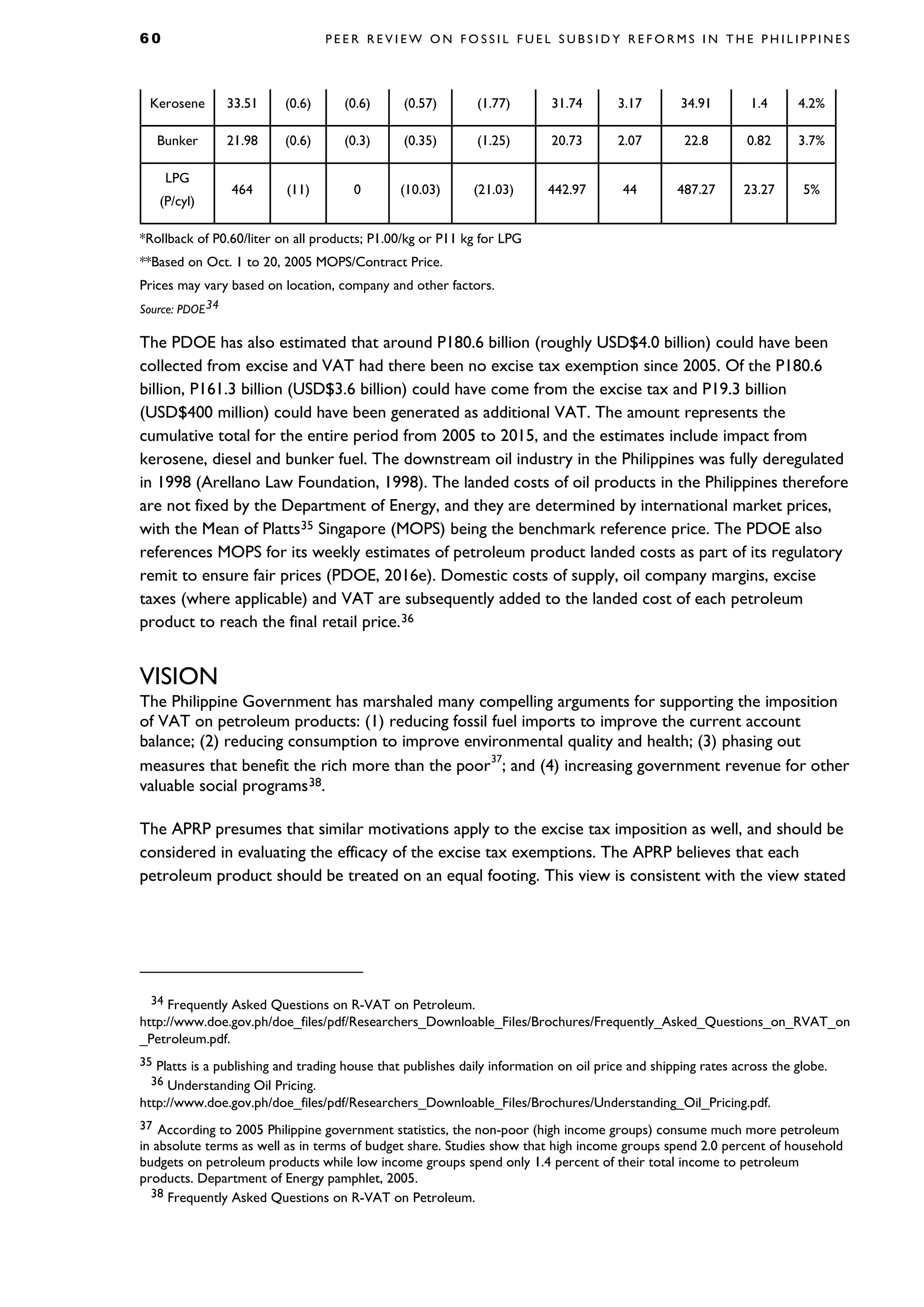 6 0 P E E R R E V I E W O N F O S S I L F U E L S U B S I D Y R E F O R M S I N T H E P H I L I P P I N E S
Kerosene 33.51 (0.6) (0.6) (0.57) (1.77) 31.74 3.17 34.91 1.4 4.2%
Bunker 21.98 (0.6) (0.3) (0.35) (1.25) 20.73 2.07 22.8 0.82 3.7%
LPG
(P/cyl)
464 (11) 0 (10.03) (21.03) 442.97 44 487.27 23.27 5%
*Rollback of P0.60/liter on all products; P1.00/kg or P11 kg for LPG
**Based on Oct. 1 to 20, 2005 MOPS/Contract Price.
Prices may vary based on location, company and other factors.
Source: PDOE34
The PDOE has also estimated that around P180.6 billion (roughly USD$4.0 billion) could have been
collected from excise and VAT had there been no excise tax exemption since 2005. Of the P180.6
billion, P161.3 billion (USD$3.6 billion) could have come from the excise tax and P19.3 billion
(USD$400 million) could have been generated as additional VAT. The amount represents the
cumulative total for the entire period from 2005 to 2015, and the estimates include impact from
kerosene, diesel and bunker fuel. The downstream oil industry in the Philippines was fully deregulated
in 1998 (Arellano Law Foundation, 1998). The landed costs of oil products in the Philippines therefore
are not fixed by the Department of Energy, and they are determined by international market prices,
with the Mean of Platts35 Singapore (MOPS) being the benchmark reference price. The PDOE also
references MOPS for its weekly estimates of petroleum product landed costs as part of its regulatory
remit to ensure fair prices (PDOE, 2016e). Domestic costs of supply, oil company margins, excise
taxes (where applicable) and VAT are subsequently added to the landed cost of each petroleum
product to reach the final retail price.36
VISION
The Philippine Government has marshaled many compelling arguments for supporting the imposition
of VAT on petroleum products: (1) reducing fossil fuel imports to improve the current account
balance; (2) reducing consumption to improve environmental quality and health; (3) phasing out
measures that benefit the rich more than the poor37
; and (4) increasing government revenue for other
valuable social programs38.
The APRP presumes that similar motivations apply to the excise tax imposition as well, and should be
considered in evaluating the efficacy of the excise tax exemptions. The APRP believes that each
petroleum product should be treated on an equal footing. This view is consistent with the view stated
34 Frequently Asked Questions on R-VAT on Petroleum.
http://www.doe.gov.ph/doe_files/pdf/Researchers_Downloable_Files/Brochures/Frequently_Asked_Questions_on_RVAT_on
_Petroleum.pdf.
35 Platts is a publishing and trading house that publishes daily information on oil price and shipping rates across the globe.
36 Understanding Oil Pricing.
http://www.doe.gov.ph/doe_files/pdf/Researchers_Downloable_Files/Brochures/Understanding_Oil_Pricing.pdf.
37 According to 2005 Philippine government statistics, the non-poor (high income groups) consume much more petroleum
in absolute terms as well as in terms of budget share. Studies show that high income groups spend 2.0 percent of household
budgets on petroleum products while low income groups spend only 1.4 percent of their total income to petroleum
products. Department of Energy pamphlet, 2005.
38 Frequently Asked Questions on R-VAT on Petroleum.
 