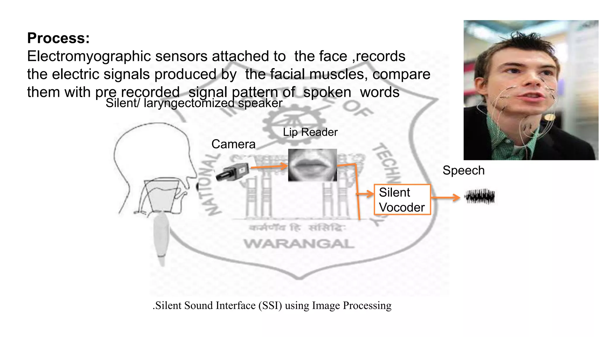 .Silent Sound Interface (SSI) using Image Processing
Process:
Electromyographic sensors attached to the face ,records
the electric signals produced by the facial muscles, compare
them with pre recorded signal pattern of spoken words
Camera
Speech
Silent/ laryngectomized speaker
Silent
Vocoder
Lip Reader
 