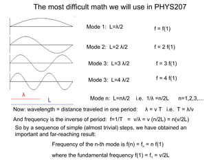 The most difficult math we will use in PHYS207 Mode 1:  L= λ /2 Mode 2:  L=2  λ /2 Mode 3:  L=3  λ /2 Mode 3:  L=4  λ /2 Mode n:  L=n λ /2  i.e.  1/ λ  =n/2L  n=1,2,3,… Now: wavelength = distance traveled in one period:  λ  = v T  i.e.  T =  λ /v And frequency is the inverse of period:  f=1/T  =  v/ λ  = v (n/2L) = n(v/2L) So by a sequence of simple (almost trivial) steps, we have obtained an important and far-reaching result:  Frequency of the n-th mode is f(n) = f n  = n f(1)  where the fundamental frequency f (1) = f 1   = v/2L f = f(1) f = 2 f(1) f = 3 f(1) f = 4 f(1) λ L 