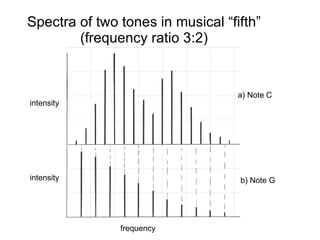 Spectra of two tones in musical “fifth” (frequency ratio 3:2) a) Note C b) Note G frequency intensity intensity 
