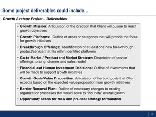 29
• Growth Mission: Articulation of the direction that Client will pursue to reach
growth objectives
• Growth Platforms: Outline of areas or categories that will provide the focus
for growth initiatives
• Breakthrough Offerings: Identification of at least one new breakthrough
product/service that fits within identified platforms
• Go-to-Market / Product and Market Strategy: Description of service
offerings, pricing, channel and sales model
• Financial and Human Investment Decisions: Outline of investments that
will be made to support growth initiatives
• Growth Goals/Value Proposition: Articulation of the bold goals that Client
expects based on the expected value proposition from growth initiatives
• Barrier Removal Plan: Outline of necessary changes to existing
organization processes that would serve to ―incubate‖ overall growth
• Opportunity scans for M&A and pre-deal strategy formulation
Some project deliverables could include…
Growth Strategy Project – Deliverables
 