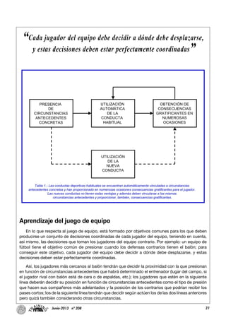 Aprendizaje del juego de equipo
En lo que respecta al juego de equipo, está formado por objetivos comunes para los que deben
producirse un conjunto de decisiones coordinadas de cada jugador del equipo, teniendo en cuenta,
así mismo, las decisiones que toman los jugadores del equipo contrario. Por ejemplo: un equipo de
fútbol tiene el objetivo común de presionar cuando los defensas contrarios tienen el balón; para
conseguir este objetivo, cada jugador del equipo debe decidir a dónde debe desplazarse, y estas
decisiones deben estar perfectamente coordinadas.
Así, los jugadores más cercanos al balón tendrán que decidir la proximidad con la que presionan
en función de circunstancias antecedentes que habrá determinado el entrenador (lugar del campo, si
el jugador rival con balón está de cara o de espaldas, etc.); los jugadores que estén en la siguiente
línea deberán decidir su posición en función de circunstancias antecedentes como el tipo de presión
que hacen sus compañeros más adelantados y la posición de los contrarios que podrían recibir los
pases cortos; los de la siguiente línea tendrán que decidir según actúen los de las dos líneas anteriores
pero quizá también considerando otras circunstancias.
21Junio-2013 nº 208
“Cada jugador del equipo debe decidir a dónde debe desplazarse,
y estas decisiones deben estar perfectamente coordinadas”
 