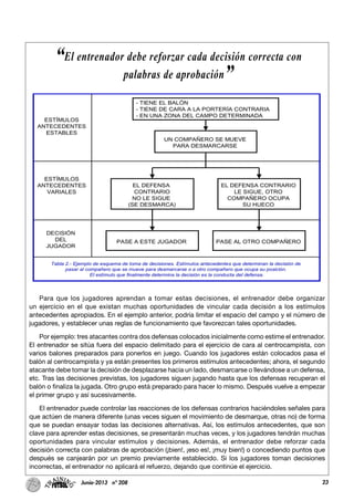 23Junio-2013 nº 208
Para que los jugadores aprendan a tomar estas decisiones, el entrenador debe organizar
un ejercicio en el que existan muchas oportunidades de vincular cada decisión a los estímulos
antecedentes apropiados. En el ejemplo anterior, podría limitar el espacio del campo y el número de
jugadores, y establecer unas reglas de funcionamiento que favorezcan tales oportunidades.
Por ejemplo: tres atacantes contra dos defensas colocados inicialmente como estime el entrenador.
El entrenador se sitúa fuera del espacio delimitado para el ejercicio de cara al centrocampista, con
varios balones preparados para ponerlos en juego. Cuando los jugadores están colocados pasa el
balón al centrocampista y ya están presentes los primeros estímulos antecedentes; ahora, el segundo
atacante debe tomar la decisión de desplazarse hacia un lado, desmarcarse o llevándose a un defensa,
etc. Tras las decisiones previstas, los jugadores siguen jugando hasta que los defensas recuperan el
balón o finaliza la jugada. Otro grupo está preparado para hacer lo mismo. Después vuelve a empezar
el primer grupo y así sucesivamente.
El entrenador puede controlar las reacciones de los defensas contrarios haciéndoles señales para
que actúen de manera diferente (unas veces siguen el movimiento de desmarque, otras no) de forma
que se puedan ensayar todas las decisiones alternativas. Así, los estímulos antecedentes, que son
clave para aprender estas decisiones, se presentarán muchas veces, y los jugadores tendrán muchas
oportunidades para vincular estímulos y decisiones. Además, el entrenador debe reforzar cada
decisión correcta con palabras de aprobación (¡bien!, ¡eso es!, ¡muy bien!) o concediendo puntos que
después se canjearán por un premio previamente establecido. Si los jugadores toman decisiones
incorrectas, el entrenador no aplicará el refuerzo, dejando que continúe el ejercicio.
“El entrenador debe reforzar cada decisión correcta con
palabras de aprobación”
 