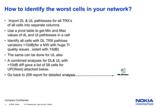 Company Confidential
4 © 2005 Nokia V1-Filename.ppt / yyyy-mm-dd / Initials
How to identify the worst cells in your network?
• Import DL & UL pathlosses for all TRX’s
of all cells into separate columns
• Use a pivot table to get Min and Max
values of dL and Ul pathlosses in a cell
• Identify all cells with DL TRX pathloss
variatons >10dB(for a NW with huge TI
quality issues , sstart with 15dB)
• The same can be done for UL also
• A combined analyses for DL& UL with
>10dB diff gave a list of 58 cells for
UP(West) attached below.
• Go back to 208 report for detailed analysis
 