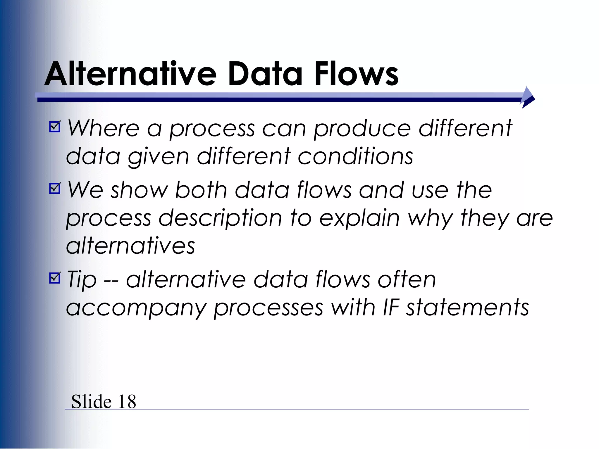 Slide 18
Alternative Data Flows
Where a process can produce different
data given different conditions
We show both data flows and use the
process description to explain why they are
alternatives
Tip -- alternative data flows often
accompany processes with IF statements
 