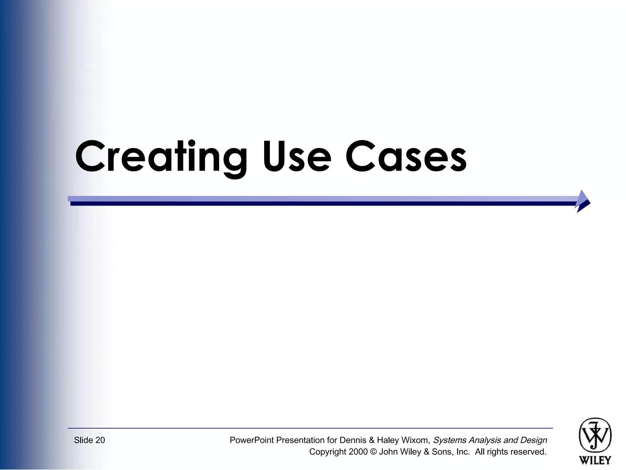 PowerPoint Presentation for Dennis & Haley Wixom, Systems Analysis and Design
Copyright 2000 © John Wiley & Sons, Inc. All rights reserved.
Slide 20
Creating Use Cases
 