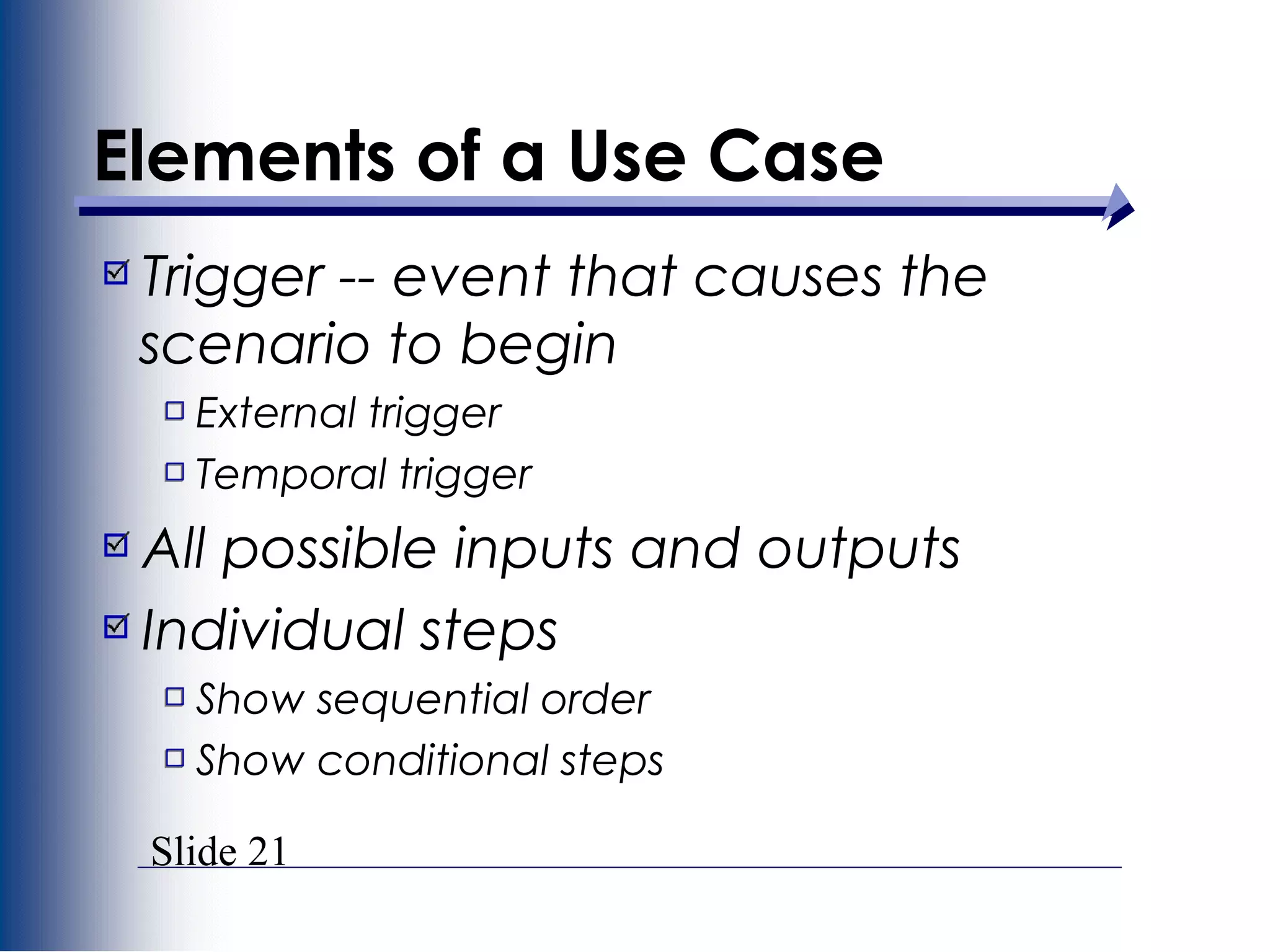 Slide 21
Elements of a Use Case
Trigger -- event that causes the
scenario to begin
External trigger
Temporal trigger
All possible inputs and outputs
Individual steps
Show sequential order
Show conditional steps
 