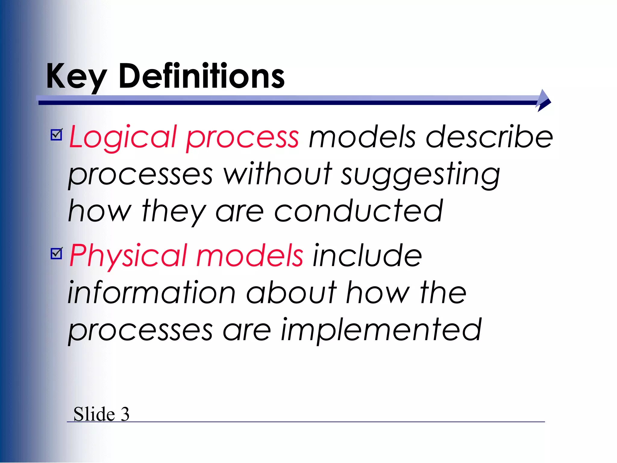 Slide 3
Key Definitions
Logical process models describe
processes without suggesting
how they are conducted
Physical models include
information about how the
processes are implemented
 