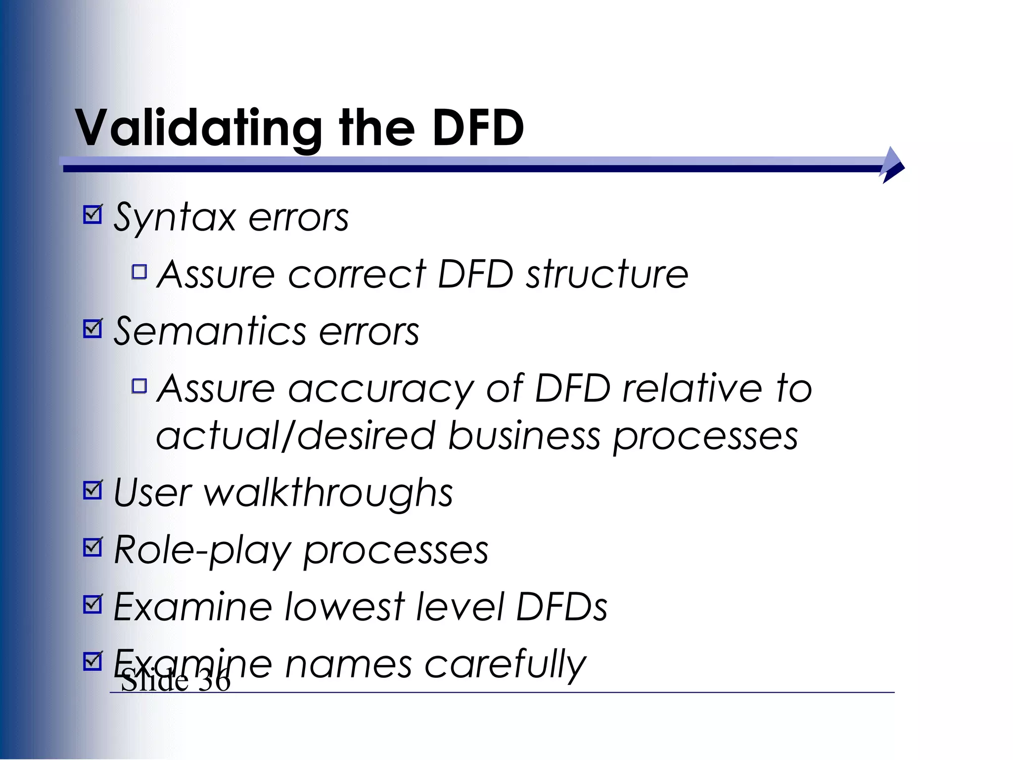 Slide 36
Validating the DFD
Syntax errors
Assure correct DFD structure
Semantics errors
Assure accuracy of DFD relative to
actual/desired business processes
User walkthroughs
Role-play processes
Examine lowest level DFDs
Examine names carefully
 