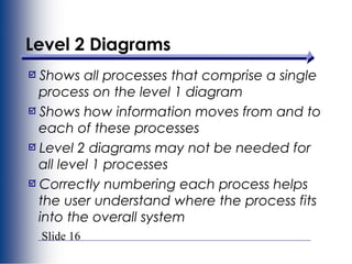 Slide 16
Level 2 Diagrams
Shows all processes that comprise a single
process on the level 1 diagram
Shows how information moves from and to
each of these processes
Level 2 diagrams may not be needed for
all level 1 processes
Correctly numbering each process helps
the user understand where the process fits
into the overall system
 
