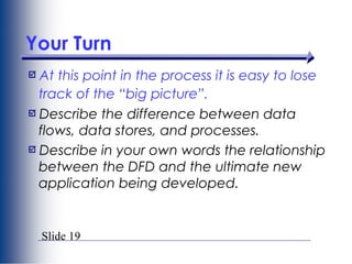 Slide 19
Your Turn
At this point in the process it is easy to lose
track of the “big picture”.
Describe the difference between data
flows, data stores, and processes.
Describe in your own words the relationship
between the DFD and the ultimate new
application being developed.
 