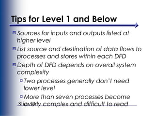 Slide 33
Tips for Level 1 and Below
Sources for inputs and outputs listed at
higher level
List source and destination of data flows to
processes and stores within each DFD
Depth of DFD depends on overall system
complexity
Two processes generally don’t need
lower level
More than seven processes become
overly complex and difficult to read
 