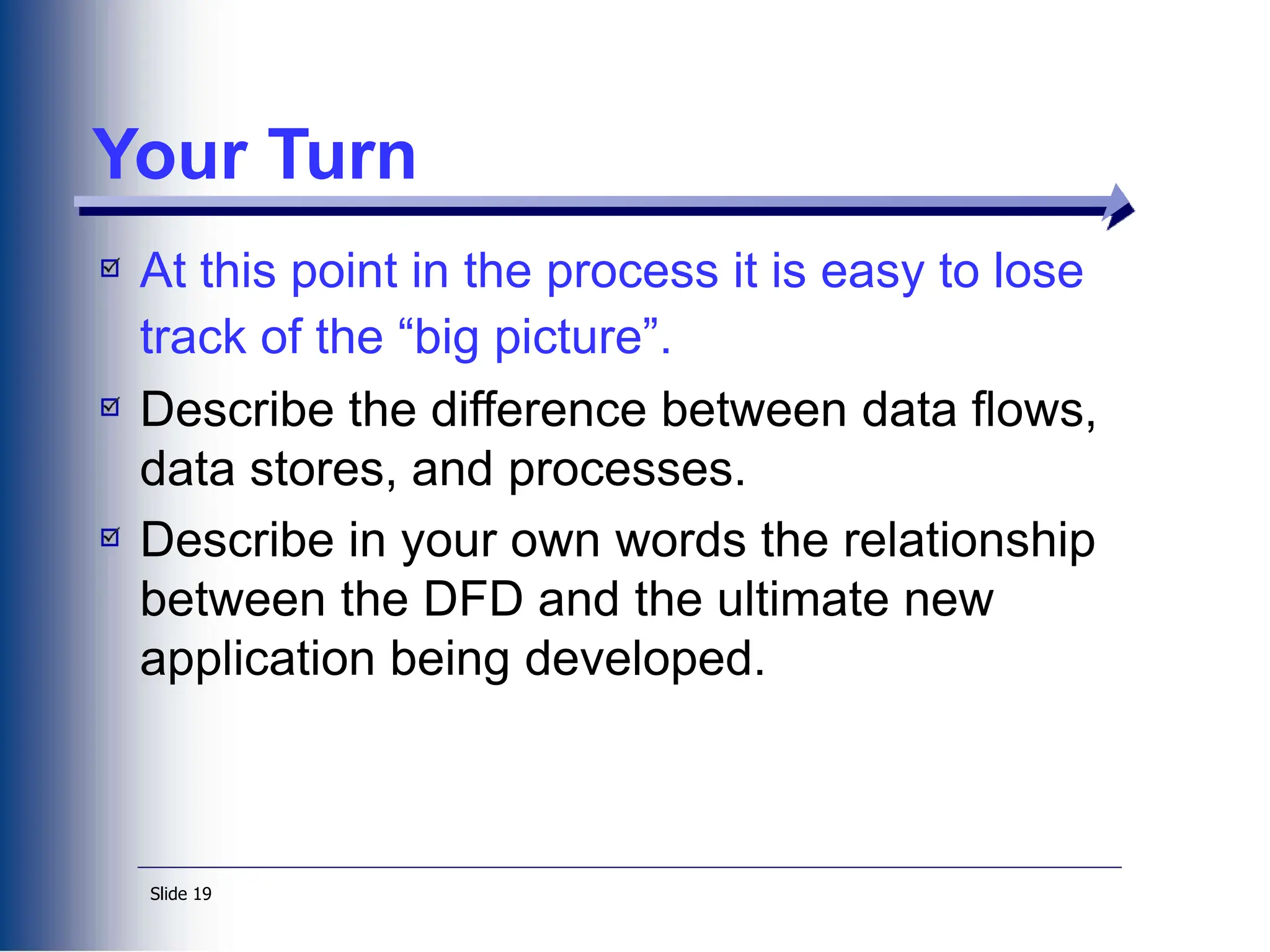 Slide 19
Your Turn
At this point in the process it is easy to lose
track of the “big picture”.
Describe the difference between data flows,
data stores, and processes.
Describe in your own words the relationship
between the DFD and the ultimate new
application being developed.
 