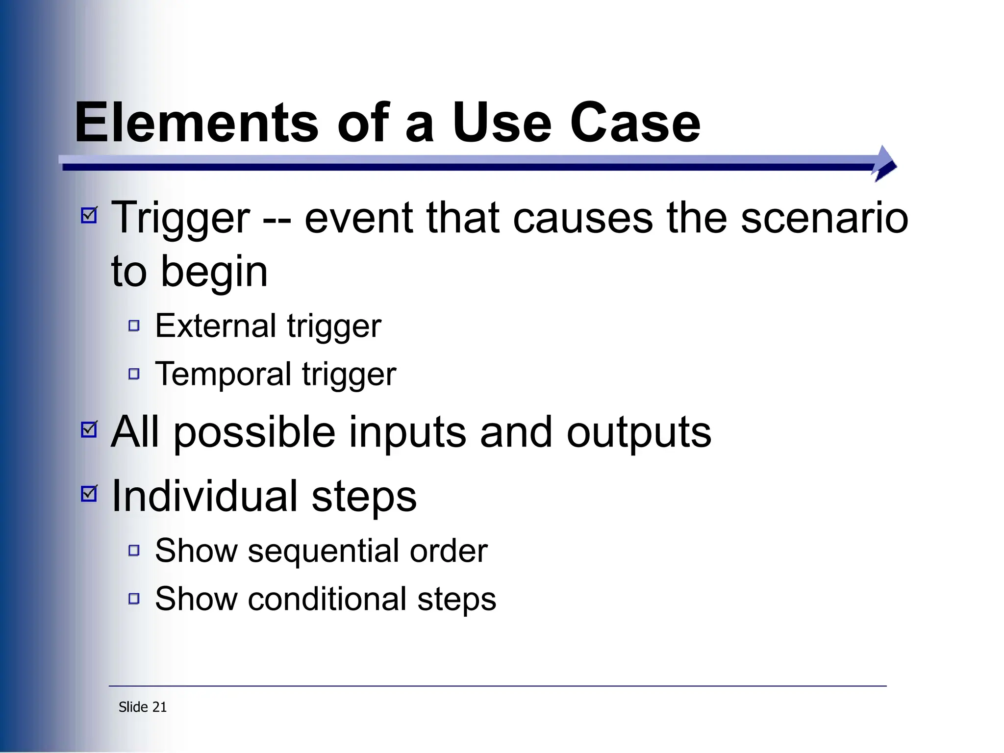 Slide 21
Elements of a Use Case
Trigger -- event that causes the scenario
to begin
External trigger
Temporal trigger
All possible inputs and outputs
Individual steps
Show sequential order
Show conditional steps
 