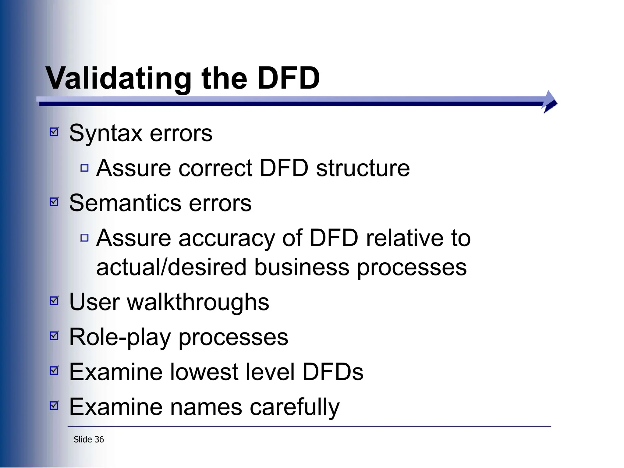 Slide 36
Validating the DFD
Syntax errors
Assure correct DFD structure
Semantics errors
Assure accuracy of DFD relative to
actual/desired business processes
User walkthroughs
Role-play processes
Examine lowest level DFDs
Examine names carefully
 