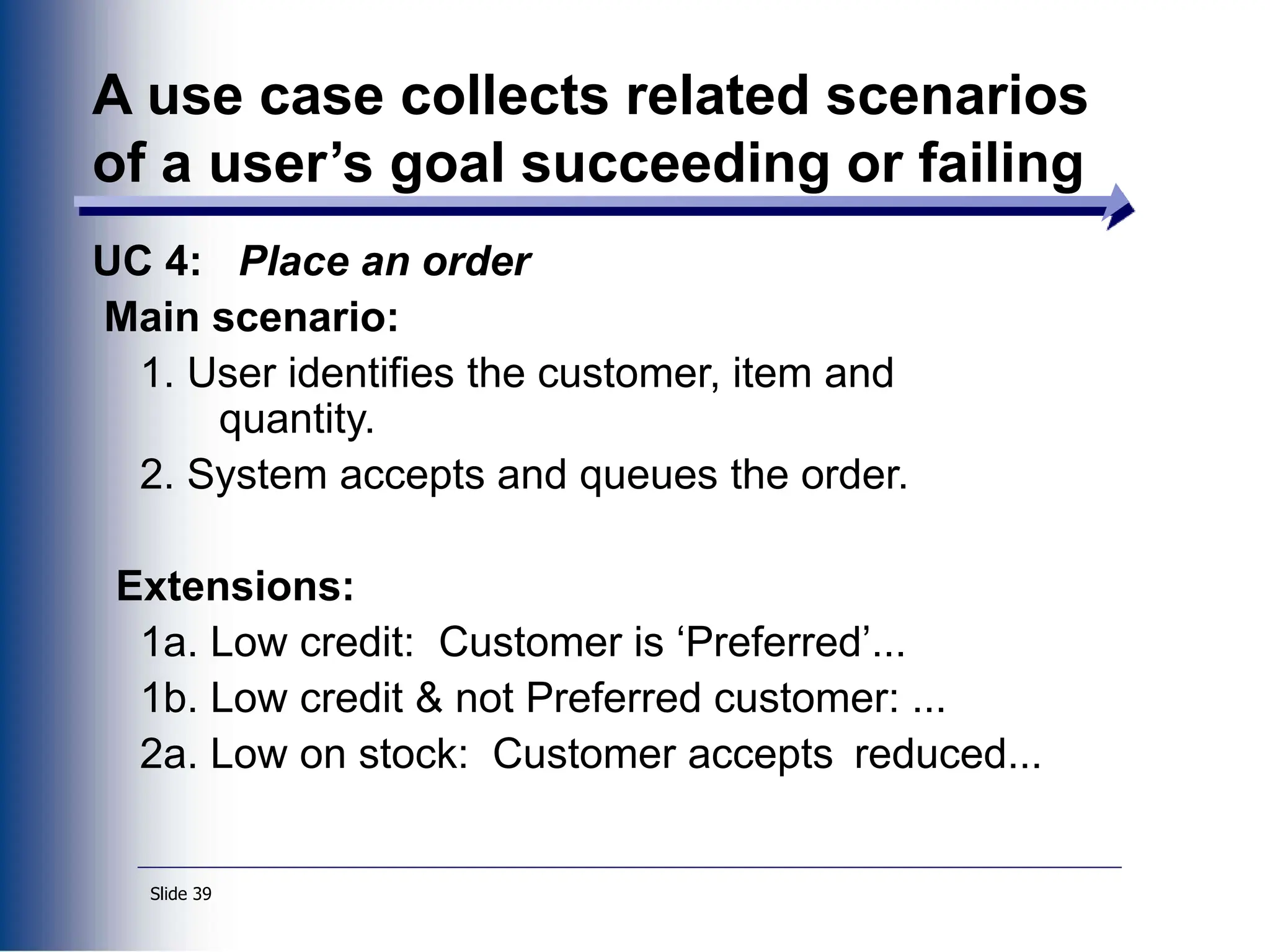 Slide 39
A use case collects related scenarios
of a user’s goal succeeding or failing
UC 4: Place an order
Main scenario:
1. User identifies the customer, item and
quantity.
2. System accepts and queues the order.
Extensions:
1a. Low credit: Customer is ‘Preferred’...
1b. Low credit & not Preferred customer: ...
2a. Low on stock: Customer accepts reduced...
 
