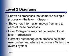 Slide 16
Level 2 Diagrams
Shows all processes that comprise a single
process on the level 1 diagram
Shows how information moves from and to
each of these processes
Level 2 diagrams may not be needed for all
level 1 processes
Correctly numbering each process helps the
user understand where the process fits into the
overall system
 