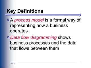 Slide 2
Key Definitions
A process model is a formal way of
representing how a business
operates
Data flow diagramming shows
business processes and the data
that flows between them
 