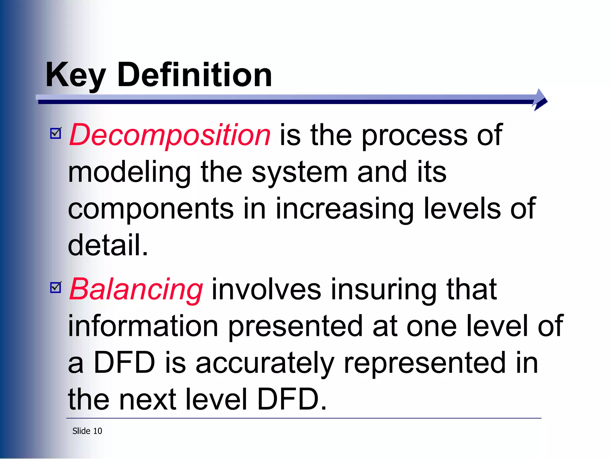 Slide 10
Key Definition
Decomposition is the process of
modeling the system and its
components in increasing levels of
detail.
Balancing involves insuring that
information presented at one level of
a DFD is accurately represented in
the next level DFD.
 