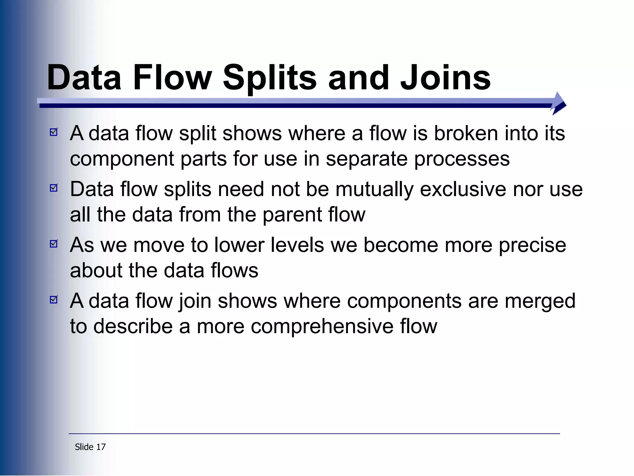 Slide 17
Data Flow Splits and Joins
A data flow split shows where a flow is broken into its
component parts for use in separate processes
Data flow splits need not be mutually exclusive nor use
all the data from the parent flow
As we move to lower levels we become more precise
about the data flows
A data flow join shows where components are merged
to describe a more comprehensive flow
 