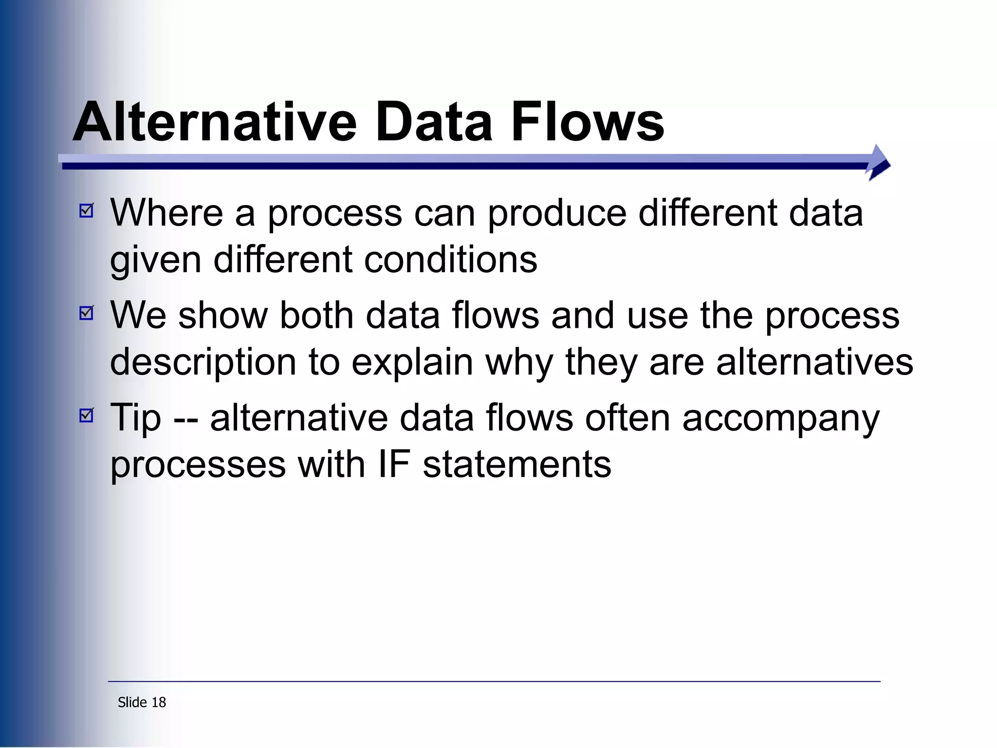 Slide 18
Alternative Data Flows
Where a process can produce different data
given different conditions
We show both data flows and use the process
description to explain why they are alternatives
Tip -- alternative data flows often accompany
processes with IF statements
 
