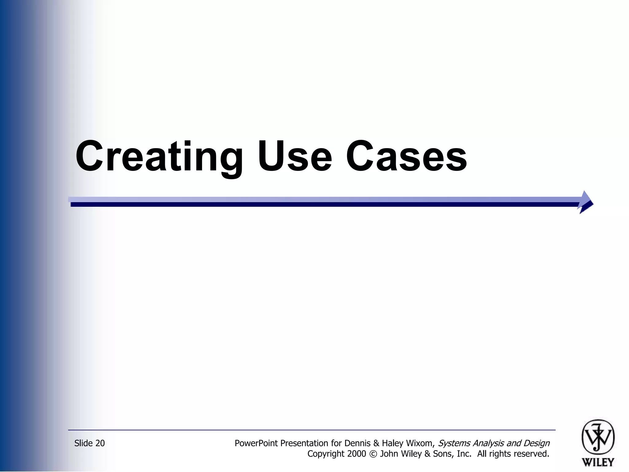PowerPoint Presentation for Dennis & Haley Wixom, Systems Analysis and Design
Copyright 2000 © John Wiley & Sons, Inc. All rights reserved.
Slide 20
Creating Use Cases
 