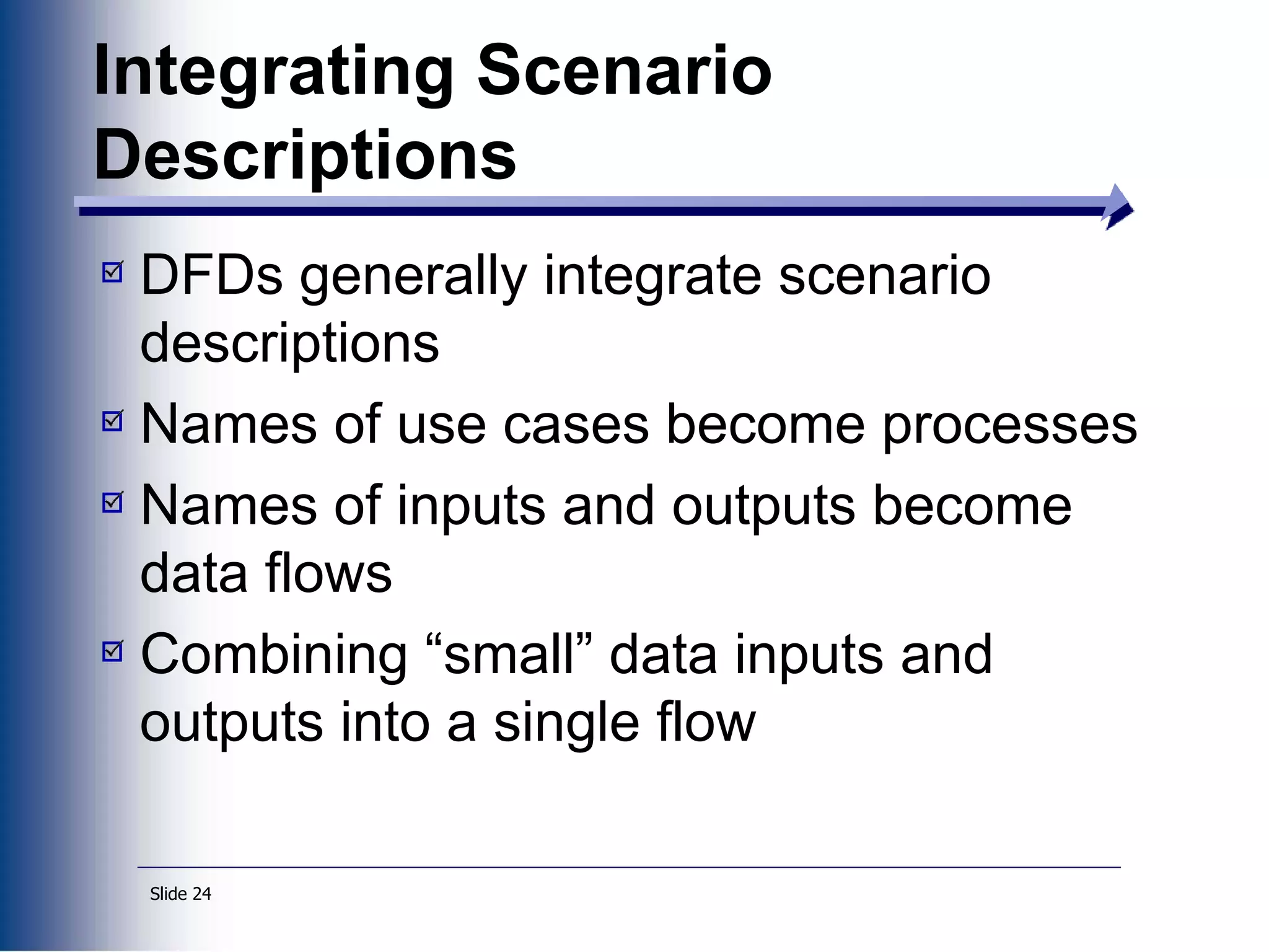 Slide 24
Integrating Scenario
Descriptions
DFDs generally integrate scenario
descriptions
Names of use cases become processes
Names of inputs and outputs become
data flows
Combining “small” data inputs and
outputs into a single flow
 