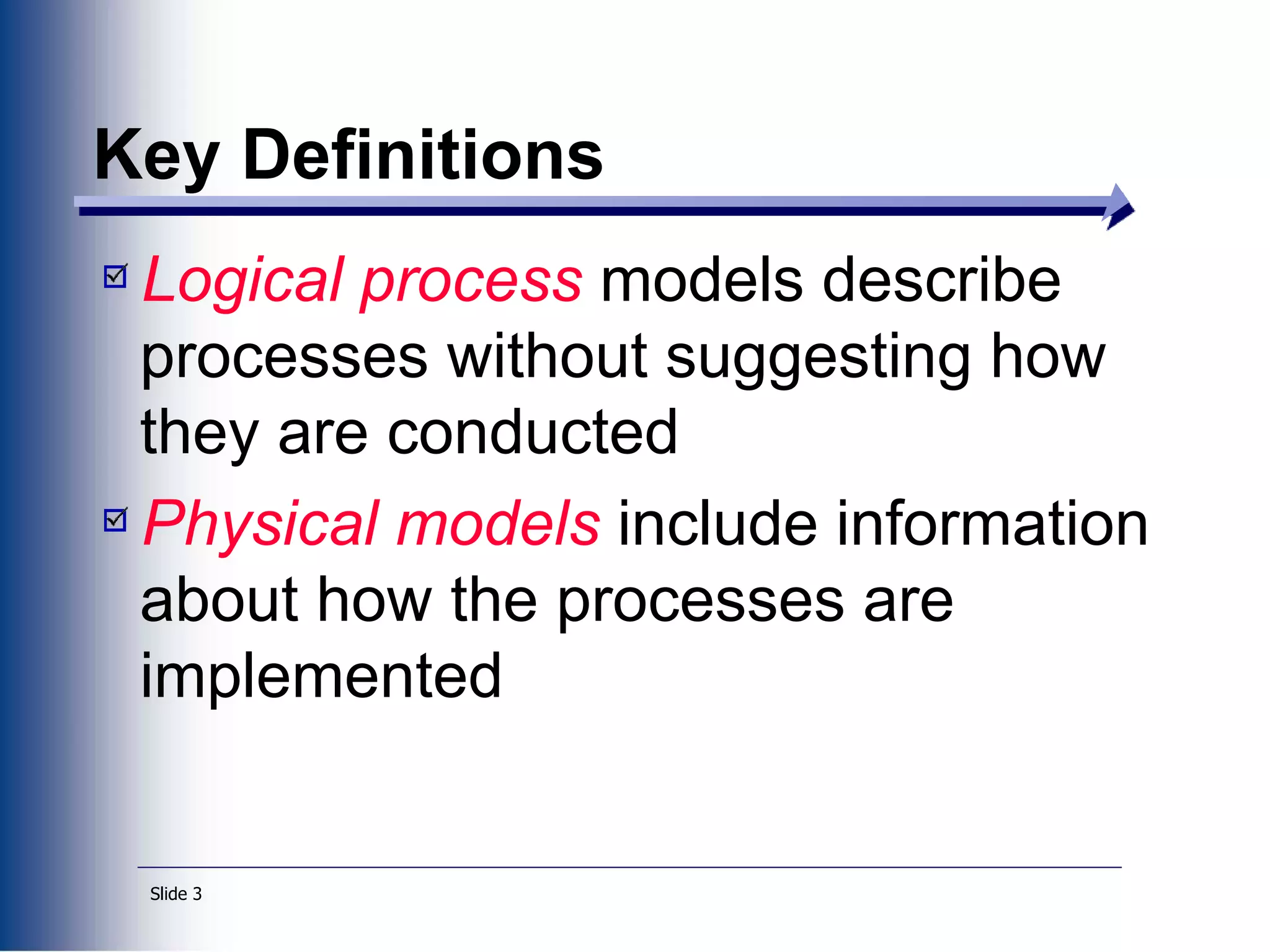 Slide 3
Key Definitions
Logical process models describe
processes without suggesting how
they are conducted
Physical models include information
about how the processes are
implemented
 