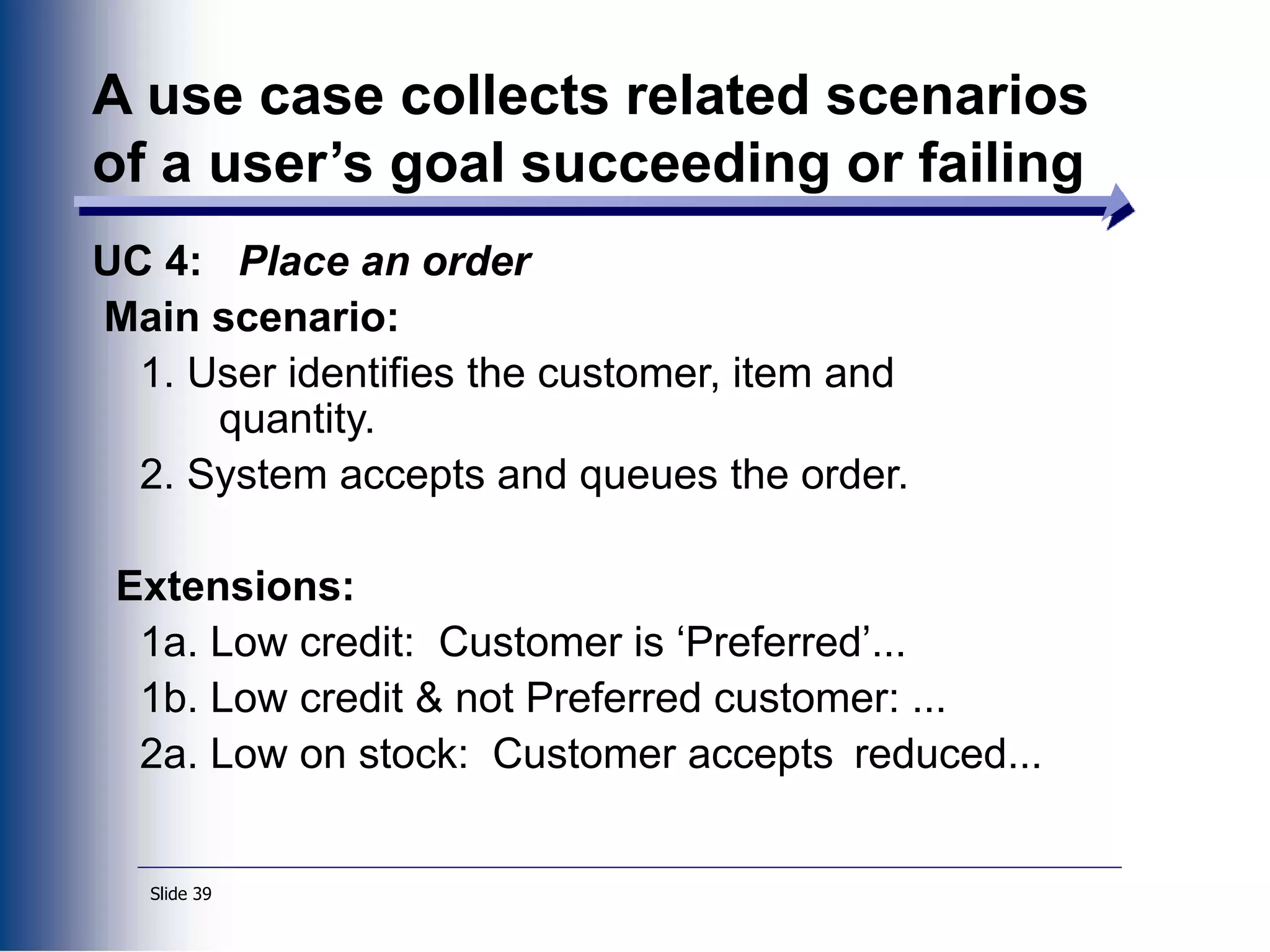 Slide 39
A use case collects related scenarios
of a user’s goal succeeding or failing
UC 4: Place an order
Main scenario:
1. User identifies the customer, item and
quantity.
2. System accepts and queues the order.
Extensions:
1a. Low credit: Customer is ‘Preferred’...
1b. Low credit & not Preferred customer: ...
2a. Low on stock: Customer accepts reduced...
 