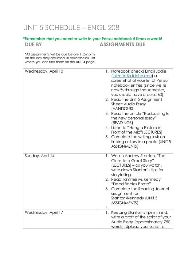 ENGL 208 Online Unit 5 Schedule