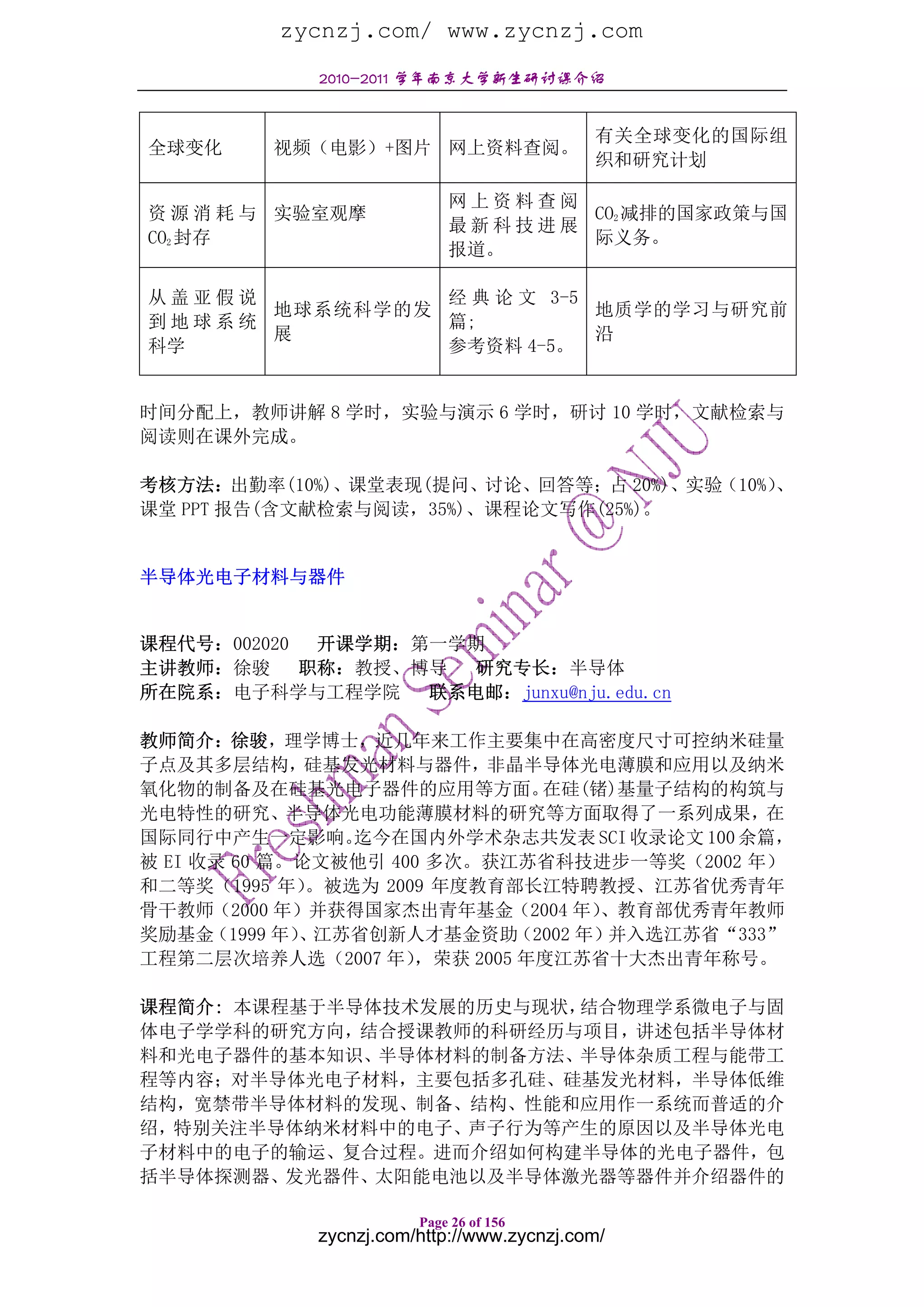zycnzj.com/ www.zycnzj.com
             2010-2011 学年南京大学新生研讨课介绍


                                            有关全球变化的国际组
全球变化      视频（电影）+图片 网上资料查阅。
                                            织和研究计划

                            网上资料查阅
资 源 消 耗 与 实验室观摩                    CO2 减排的国家政策与国
                            最新科技进展
CO2 封存                             际义务。
                            报道。

从盖亚假说          经 典 论 文 3-5
      地球系统科学的发             地质学的学习与研究前
到地球系统          篇;
      展                    沿
科学             参考资料 4-5。


时间分配上，教师讲解 8 学时，实验与演示 6 学时，研讨 10 学时，文献检索与
阅读则在课外完成。

考核方法：出勤率(10%)、课堂表现(提问、讨论、回答等；占 20%)、实验（10%）
                                          、
课堂 PPT 报告(含文献检索与阅读，35%)、课程论文写作(25%)。


半导体光电子材料与器件


课程代号：002020  开课学期：第一学期
主讲教师：徐骏     职称：教授、博导  研究专长：半导体
所在院系：电子科学与工程学院     联系电邮：junxu@nju.edu.cn

教师简介：徐骏，理学博士，近几年来工作主要集中在高密度尺寸可控纳米硅量
子点及其多层结构，硅基发光材料与器件，非晶半导体光电薄膜和应用以及纳米
氧化物的制备及在硅基光电子器件的应用等方面。          在硅(锗)基量子结构的构筑与
光电特性的研究、半导体光电功能薄膜材料的研究等方面取得了一系列成果，在
国际同行中产生一定影响。     迄今在国内外学术杂志共发表 SCI 收录论文 100 余篇，
被 EI 收录 60 篇。论文被他引 400 多次。获江苏省科技进步一等奖（2002 年）
和二等奖（1995 年）  。被选为 2009 年度教育部长江特聘教授、江苏省优秀青年
骨干教师（2000 年）并获得国家杰出青年基金（2004 年）      、教育部优秀青年教师
奖励基金  （1999 年） 江苏省创新人才基金资助
              、               （2002 年）并入选江苏省“333”
工程第二层次培养人选（2007 年）    ，荣获 2005 年度江苏省十大杰出青年称号。

课程简介: 本课程基于半导体技术发展的历史与现状，结合物理学系微电子与固
体电子学学科的研究方向，结合授课教师的科研经历与项目，讲述包括半导体材
料和光电子器件的基本知识、半导体材料的制备方法、半导体杂质工程与能带工
程等内容；对半导体光电子材料，主要包括多孔硅、硅基发光材料，半导体低维
结构，宽禁带半导体材料的发现、制备、结构、性能和应用作一系统而普适的介
绍，特别关注半导体纳米材料中的电子、声子行为等产生的原因以及半导体光电
子材料中的电子的输运、复合过程。进而介绍如何构建半导体的光电子器件，包
括半导体探测器、发光器件、太阳能电池以及半导体激光器等器件并介绍器件的

                        Page 26 of 156
             zycnzj.com/http://www.zycnzj.com/
 