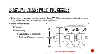 ▪ This transport process requires energy from ATP (Adenosine triphosphate) to move
drug molecules from extracellular to intracellular.
▪ These are two types-
I. Primary
II. Secondary
a. Symport (Co-transport)
b. Antiport (Counter transport)
 