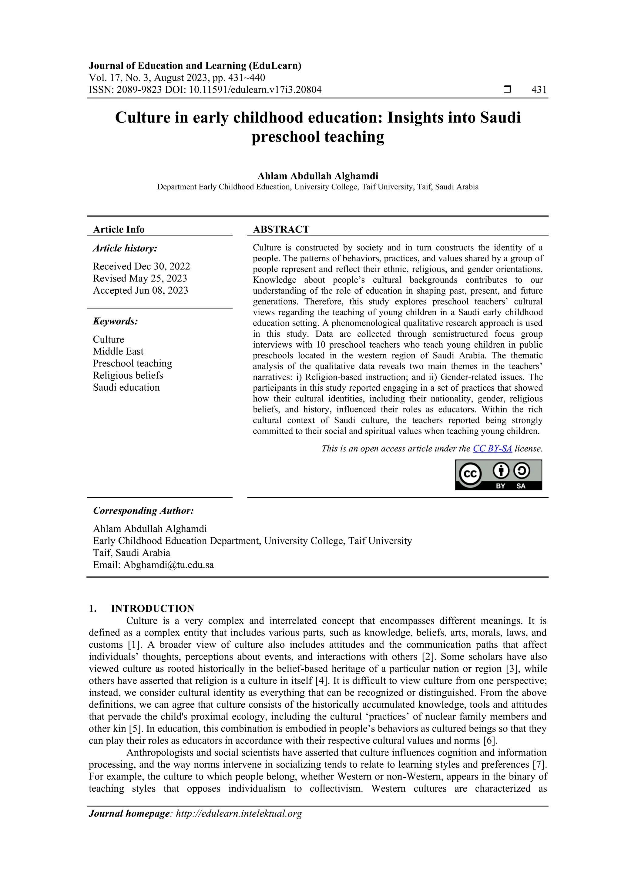 Culture in early childhood education: Insights into Saudi preschool ...