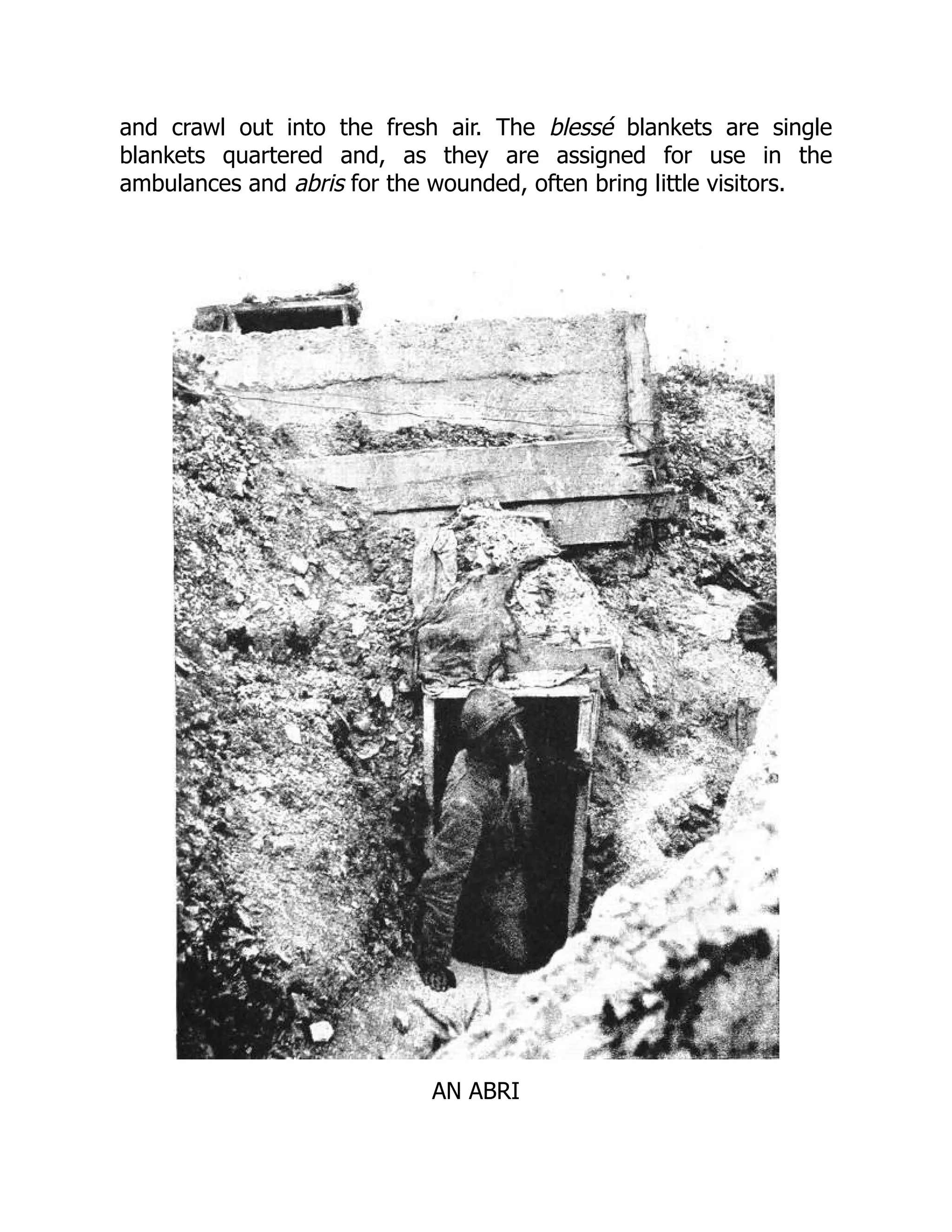 and crawl out into the fresh air. The blessé blankets are single
blankets quartered and, as they are assigned for use in the
ambulances and abris for the wounded, often bring little visitors.
AN ABRI
 
