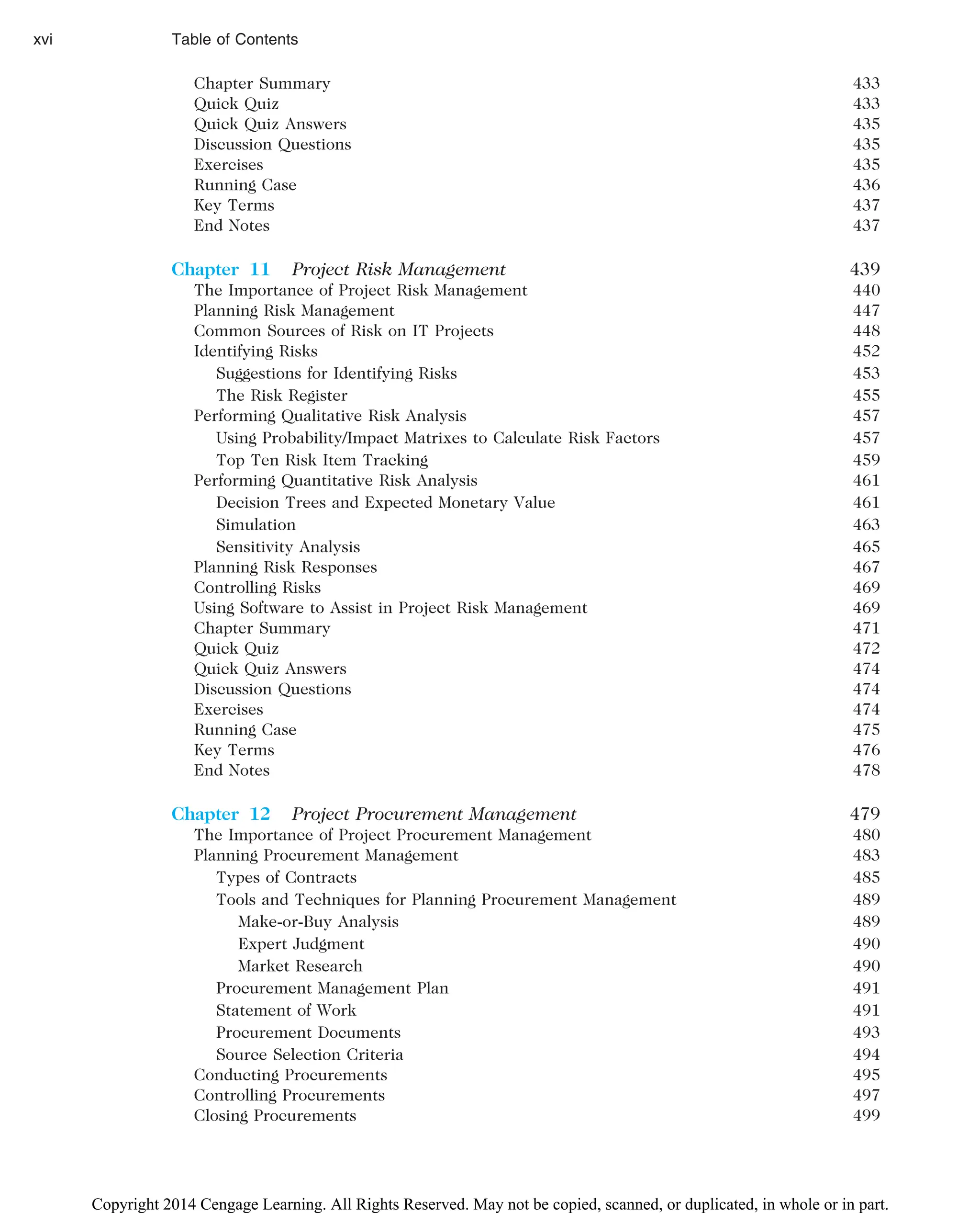 Chapter Summary 433
Quick Quiz 433
Quick Quiz Answers 435
Discussion Questions 435
Exercises 435
Running Case 436
Key Terms 437
End Notes 437
Chapter 11 Project Risk Management 439
The Importance of Project Risk Management 440
Planning Risk Management 447
Common Sources of Risk on IT Projects 448
Identifying Risks 452
Suggestions for Identifying Risks 453
The Risk Register 455
Performing Qualitative Risk Analysis 457
Using Probability/Impact Matrixes to Calculate Risk Factors 457
Top Ten Risk Item Tracking 459
Performing Quantitative Risk Analysis 461
Decision Trees and Expected Monetary Value 461
Simulation 463
Sensitivity Analysis 465
Planning Risk Responses 467
Controlling Risks 469
Using Software to Assist in Project Risk Management 469
Chapter Summary 471
Quick Quiz 472
Quick Quiz Answers 474
Discussion Questions 474
Exercises 474
Running Case 475
Key Terms 476
End Notes 478
Chapter 12 Project Procurement Management 479
The Importance of Project Procurement Management 480
Planning Procurement Management 483
Types of Contracts 485
Tools and Techniques for Planning Procurement Management 489
Make-or-Buy Analysis 489
Expert Judgment 490
Market Research 490
Procurement Management Plan 491
Statement of Work 491
Procurement Documents 493
Source Selection Criteria 494
Conducting Procurements 495
Controlling Procurements 497
Closing Procurements 499
xvi Table of Contents
Copyright 2014 Cengage Learning. All Rights Reserved. May not be copied, scanned, or duplicated, in whole or in part.
 