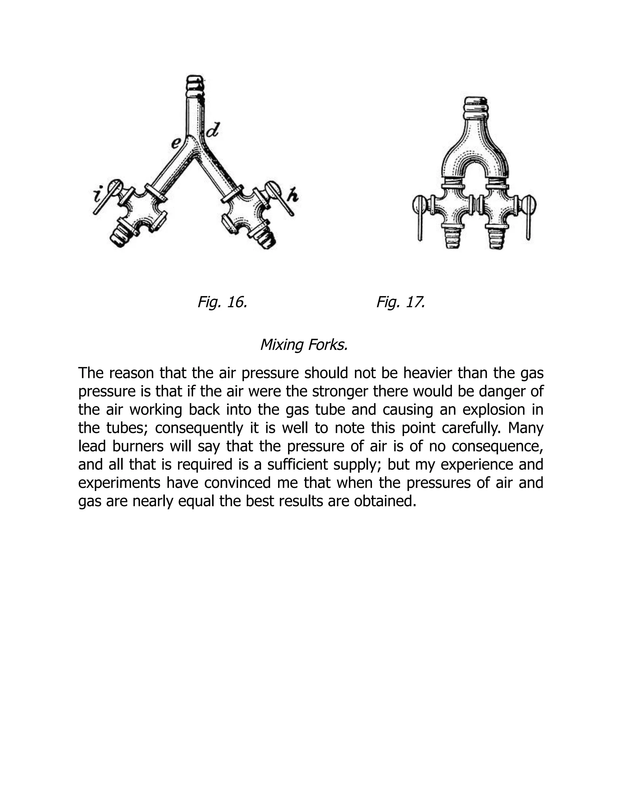 Fig. 16. Fig. 17.
Mixing Forks.
The reason that the air pressure should not be heavier than the gas
pressure is that if the air were the stronger there would be danger of
the air working back into the gas tube and causing an explosion in
the tubes; consequently it is well to note this point carefully. Many
lead burners will say that the pressure of air is of no consequence,
and all that is required is a sufficient supply; but my experience and
experiments have convinced me that when the pressures of air and
gas are nearly equal the best results are obtained.
 