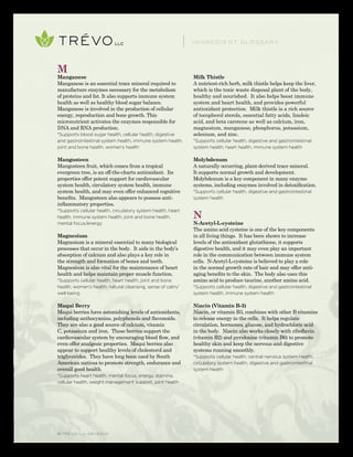 © TRÉVO llc 02/2010
M
Manganese
Manganese is an essential trace mineral required to
manufacture enzymes necessary for the metabolism
of proteins and fat. It also supports immune system
health as well as healthy blood sugar balance.
Manganese is involved in the production of cellular
energy, reproduction and bone growth. This
micronutrient activates the enzymes responsible for
DNA and RNA production.
*Supports blood sugar health, cellular health, digestive
and gastrointestinal system health, immune system health,
joint and bone health, women’s health
Mangosteen
Mangosteen fruit, which comes from a tropical
evergreen tree, is an off-the-charts antioxidant. Its
properties offer potent support for cardiovascular
system health, circulatory system health, immune
system health, and may even offer enhanced cognitive
benefits. Mangosteen also appears to possess anti-
inflammatory properties.
*Supports cellular health, circulatory system health, heart
health, immune system health, joint and bone health,
mental focus/energy
Magnesium
Magnesium is a mineral essential to many biological
processes that occur in the body. It aids in the body’s
absorption of calcium and also plays a key role in
the strength and formation of bones and teeth.
Magnesium is also vital for the maintenance of heart
health and helps maintain proper muscle function.
*Supports cellular health, heart health, joint and bone
health, women’s health, natural cleansing, sense of calm/
well-being
Maqui Berry
Maqui berries have astonishing levels of antioxidants,
including anthocyanins, polyphenols and flavonoids.
They are also a good source of calcium, vitamin
C, potassium and iron. These berries support the
cardiovascular system by encouraging blood flow, and
even offer analgesic properties. Maqui berries also
appear to support healthy levels of cholesterol and
triglycerides. They have long been used by South
American natives to promote strength, endurance and
overall good health.
*Supports heart health, mental focus, energy, stamina,
cellular health, weight management support, joint health
Milk Thistle
A nutrient-rich herb, milk thistle helps keep the liver,
which is the toxic waste disposal plant of the body,
healthy and nourished. It also helps boost immune
system and heart health, and provides powerful
antioxidant protection. Milk thistle is a rich source
of tocopherol sterols, essential fatty acids, linoleic
acid, and beta carotene as well as calcium, iron,
magnesium, manganese, phosphorus, potassium,
selenium, and zinc.
*Supports cellular health, digestive and gastrointestinal
system health, heart health, immune system health
Molybdenum
A naturally occurring, plant-derived trace mineral.
It supports normal growth and development.
Molybdenum is a key component in many enzyme
systems, including enzymes involved in detoxification.
*Supports cellular health, digestive and gastrointestinal
system health
N
N-Acetyl-L-cysteine
The amino acid cysteine is one of the key components
in all living things. It has been shown to increase
levels of the antioxidant glutathione, it supports
digestive health, and it may even play an important
role in the communication between immune system
cells. N-Acetyl-L-cysteine is believed to play a role
in the normal growth rate of hair and may offer anti-
aging benefits to the skin. The body also uses this
amino acid to produce taurine, another amino acid.
*Supports cellular health, digestive and gastrointestinal
system health, immune system health
Niacin (Vitamin B-3)
Niacin, or vitamin B3, combines with other B vitamins
to release energy in the cells. It helps regulate
circulation, hormones, glucose, and hydrochloric acid
in the body. Niacin also works closely with riboflavin
(vitamin B2) and pyridoxine (vitamin B6) to promote
healthy skin and keep the nervous and digestive
systems running smoothly.
*Supports cellular health, central nervous system health,
circulatory system health, digestive and gastrointestinal
system health
INGREDIENT GLOSSARY
 