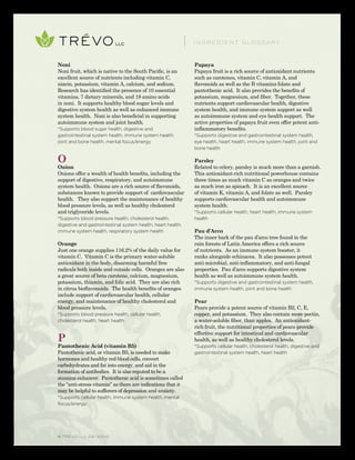© TRÉVO llc 02/2010
Noni
Noni fruit, which is native to the South Pacific, is an
excellent source of nutrients including vitamin C,
niacin, potassium, vitamin A, calcium, and sodium.
Research has identified the presence of 10 essential
vitamins, 7 dietary minerals, and 18 amino acids
in noni. It supports healthy blood sugar levels and
digestive system health as well as enhanced immune
system health. Noni is also beneficial in supporting
autoimmune system and joint health.
*Supports blood sugar health, digestive and
gastrointestinal system health, immune system health,
joint and bone health, mental focus/energy
O
Onion
Onions offer a wealth of health benefits, including the
support of digestive, respiratory, and autoimmune
system health. Onions are a rich source of flavonoids,
substances known to provide support of cardiovascular
health. They also support the maintenance of healthy
blood pressure levels, as well as healthy cholesterol
and triglyceride levels.
*Supports blood pressure health, cholesterol health,
digestive and gastrointestinal system health, heart health,
immune system health, respiratory system health
Orange
Just one orange supplies 116.2% of the daily value for
vitamin C. Vitamin C is the primary water-soluble
antioxidant in the body, disarming harmful free
radicals both inside and outside cells. Oranges are also
a great source of beta carotene, calcium, magnesium,
potassium, thiamin, and folic acid. They are also rich
in citrus bioflavonoids. The health benefits of oranges
include support of cardiovascular health, cellular
energy, and maintenance of healthy cholesterol and
blood pressure levels.
*Supports blood pressure health, cellular health,
cholesterol health, heart health
P
Pantothenic Acid (vitamin B5)
Pantothenic acid, or vitamin B5, is needed to make
hormones and healthy red blood cells, convert
carbohydrates and fat into energy, and aid in the
formation of antibodies. It is also reputed to be a
stamina enhancer. Pantothenic acid is sometimes called
the “anti-stress vitamin” as there are indications that it
may be helpful to sufferers of depression and anxiety.
*Supports cellular health, immune system health, mental
focus/energy
Papaya
Papaya fruit is a rich source of antioxidant nutrients
such as carotenes, vitamin C, vitamin A, and
flavonoids as well as the B vitamins folate and
pantothenic acid. It also provides the benefits of
potassium, magnesium, and fiber. Together, these
nutrients support cardiovascular health, digestive
system health, and immune system support as well
as autoimmune system and eye health support. The
active properties of papaya fruit even offer potent anti-
inflammatory benefits.
*Supports digestive and gastrointestinal system health,
eye health, heart health, immune system health, joint and
bone health
Parsley
Related to celery, parsley is much more than a garnish.
This antioxidant-rich nutritional powerhouse contains
three times as much vitamin C as oranges and twice
as much iron as spinach. It is an excellent source
of vitamin K, vitamin A, and folate as well. Parsley
supports cardiovascular health and autoimmune
system health.
*Supports cellular health, heart health, immune system
health
Pau d’Arco
The inner bark of the pau d’arco tree found in the
rain forests of Latin America offers a rich source
of nutrients. As an immune system booster, it
ranks alongside echinacea. It also possesses potent
anti-microbial, anti-inflammatory, and anti-fungal
properties. Pau d’arco supports digestive system
health as well as autoimmune system health.
*Supports digestive and gastrointestinal system health,
immune system health, joint and bone health
Pear
Pears provide a potent source of vitamin B2, C, E,
copper, and potassium. They also contain more pectin,
a water-soluble fiber, than apples. An antioxidant-
rich fruit, the nutritional properties of pears provide
effective support for intestinal and cardiovascular
health, as well as healthy cholesterol levels.
*Supports cellular health, cholesterol health, digestive and
gastrointestinal system health, heart health
INGREDIENT GLOSSARY
 