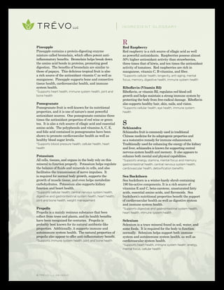 © TRÉVO llc 02/2010
Pineapple
Pineapple contains a protein-digesting enzyme
mixture called bromelain, which offers potent anti-
inflammatory benefits. Bromelain helps break down
the amino acid bonds in proteins, promoting good
digestion. The benefits of bromelain are similar to
those of papaya. This delicious tropical fruit is also
a rich source of the antioxidant vitamin C as well as
manganese. Pineapple supports bone and connective
tissue health, cardiovascular health, and immune
system health.
*Supports heart health, immune system health, joint and
bone health
Pomegranate
Pomegranate fruit is well-known for its nutritional
properties, and it is one of nature’s most powerful
antioxidant sources. One pomegranate contains three
times the antioxidant properties of red wine or green
tea. It is also a rich source of ellagic acid and essential
amino acids. The polyphenols and vitamins A, C, E,
and folic acid contained in pomegranates have been
shown to promote cardiovascular health as well as
healthy blood sugar levels.
*Supports blood pressure health, cellular health, heart
health
Potassium
All cells, tissues, and organs in the body rely on this
mineral to function properly. Potassium helps regulate
the balance of fluids and minerals in cells, and also
facilitates the transmission of nerve impulses. It
is required for normal body growth, supports the
growth of muscle tissue, and even helps metabolize
carbohydrates. Potassium also supports kidney
function and heart health.
*Supports cellular health, central nervous system health,
digestive and gastrointestinal system health, heart health,
joint and bone health, weight management
Propolis
Propolis is a mainly resinous substance that bees
collect from trees and plants, and its health benefits
have been recognized for centuries. Propolis is
probably best known for its natural antibiotic-like
properties. Additionally, it supports immune and
autoimmune system health. The natural properties of
propolis also appear to offer anti-inflammatory benefit.
*Supports immune system health, joint and bone health
R
Red Raspberry
Red raspberry is a rich source of ellagic acid as well
as powerful antioxidants. Raspberries possess almost
50% higher antioxidant activity than strawberries,
three times that of kiwis, and ten times the antioxidant
activity of tomatoes. Red raspberries are rich in
manganese, vitamin C, B vitamins, and fiber.
*Supports cellular health, longevity, anti-aging, mental
focus, memory, digestive health, immune system health
Riboflavin (Vitamin B2)
Riboflavin, or vitamin B2, regulates red blood cell
growth and helps maintain a strong immune system by
protecting the body from free-radical damage. Riboflavin
also supports healthy hair, skin, nails, and vision.
*Supports cellular health, eye health, immune system
health
S
Schizandra
Schizandra fruit is commonly used in traditional
Chinese medicine for its adaptogenic properties and
as a restorative remedy for immune enhancement.
Traditionally used for enhancing the energy of the kidney
and liver, schizandra is known for supporting central
nervous system health and memory. It also appears to
enhance both mental and physical capabilities.
*Supports energy, stamina, mental focus and memory,
gastrointestinal health, central nervous system health,
cardiovascular health, detoxification benefits
Sea Buckthorn
Sea buckthorn is a winter-hardy shrub containing
190 bio-active components. It is a rich source of
vitamins E and C, beta-carotene, unsaturated fatty
acids, essential amino acids, and flavonoids. Sea
buckthorn’s nutritional properties benefit the support
of cardiovascular health as well as digestive system
and immune system health.
*Supports digestive and gastrointestinal system health,
heart health, immune system health
Selenium
Selenium is a trace mineral found in soil, water, and
some foods. It is required for the body to function
normally. Selenium helps support both immune
system and autoimmune system health, as well as
cardiovascular system health.
*Supports heart health, immune system health, energy,
mental focus, cellular health
INGREDIENT GLOSSARY
 